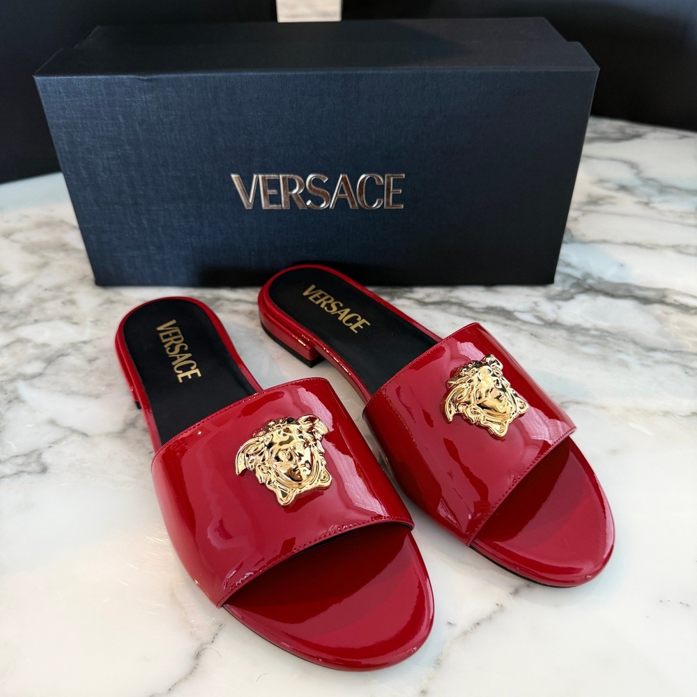 Versace Medusa Biggie Red Patent Leather Flat Slides Sandals Gold Hardware 37 - Picture 10 of 14